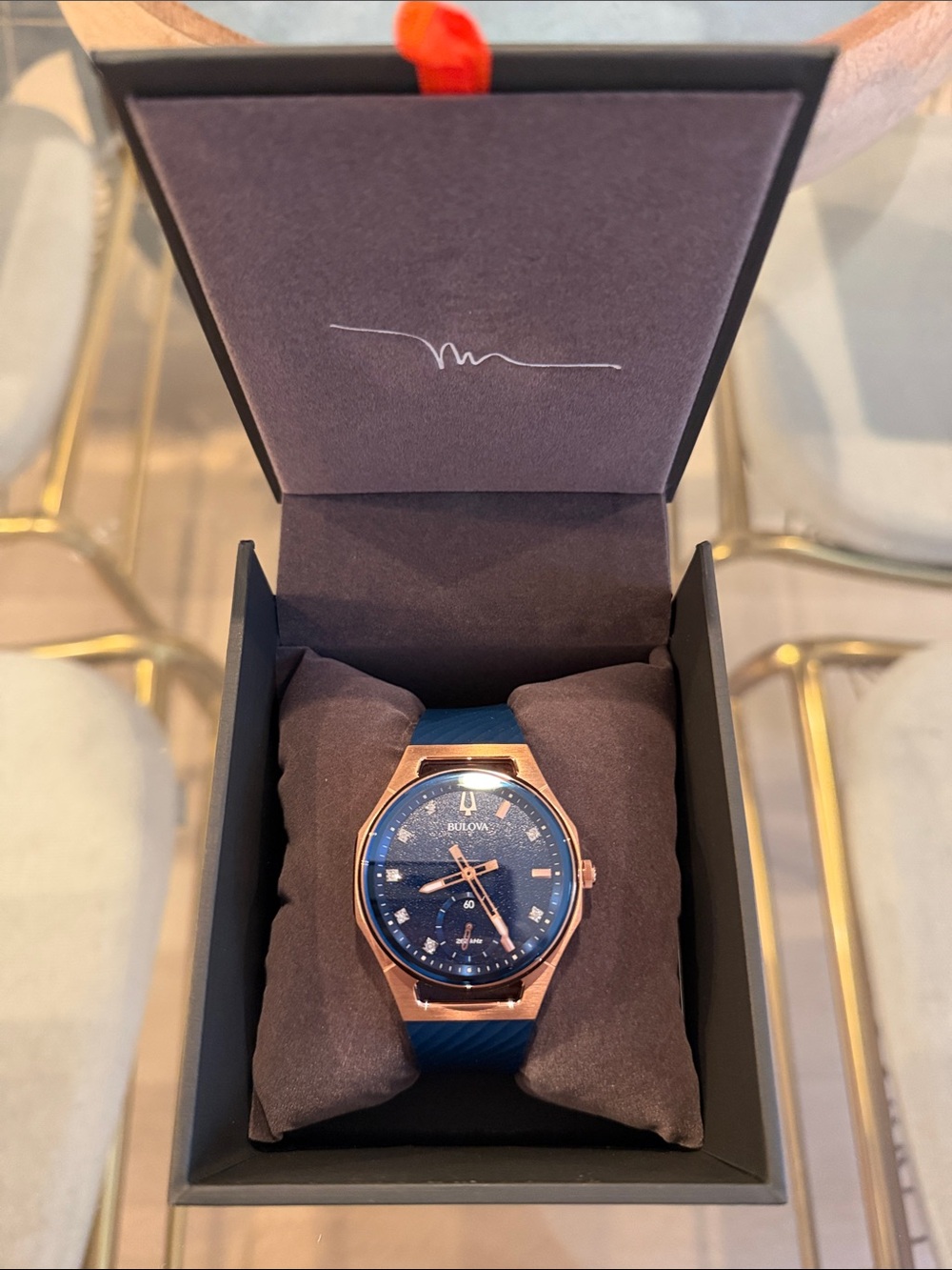 Bulova Blue Dial Rose Gold-Tone Curv Watch, Exclusive by Marc Anthony Collection